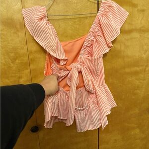 Lily Star Coral and White Striped Ruffle Blouse